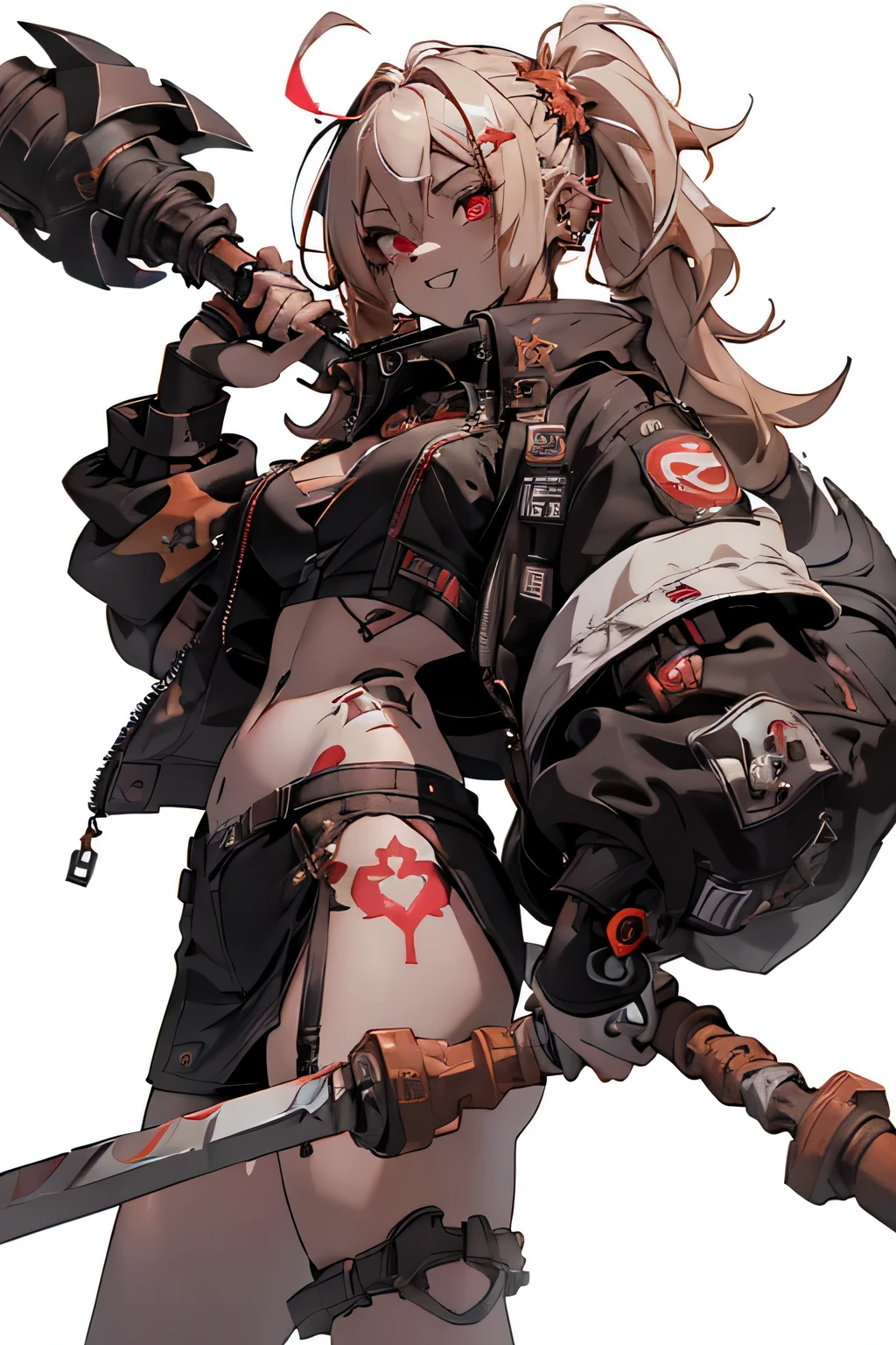 1girl, rebecca \(cyberpunk\), full body, solo, blonde braid hair, glowing red eyes,laugh fearlessly, leg tattoo, neck tattoo,  large chest, black bra, thong, red pupils, skin fang, red eyes, black jacket, ((Holding a big hammer、white background:1.2))、dynamic angle、