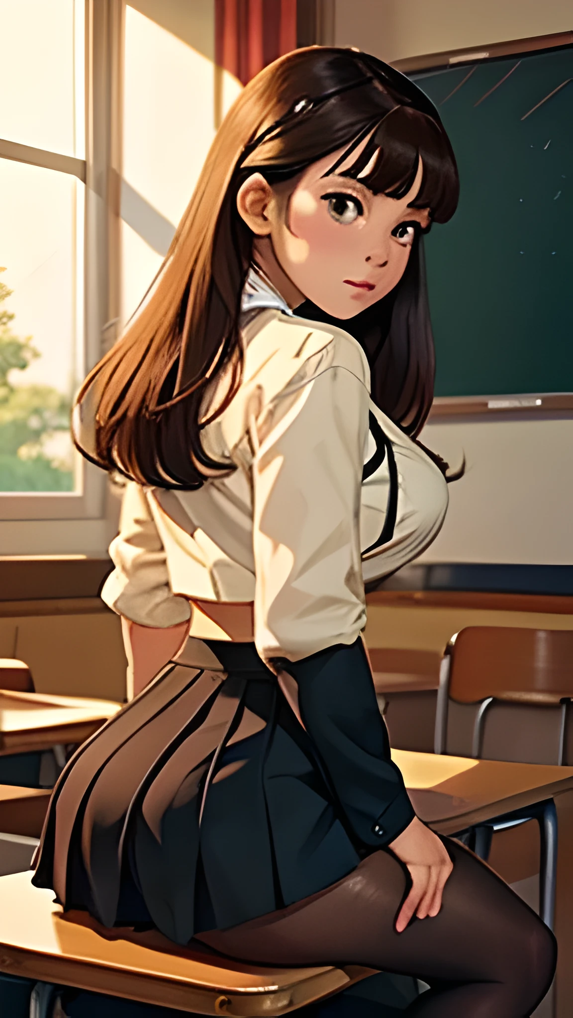 Masterpiece, Best Quality, Ultra Detailed, Illustration, Colorful, FAQ Color, Depth of Field, Lens Glow, 1girl, Anime, Seated, Brunette Look, School, Classroom, Pleated erafuku, Black Pantyhose, Delicate Skin Texture, Delicate Fabric Texture, Nice and Meticulous Face, Normal Hands with big tits and big ass , without any clothes