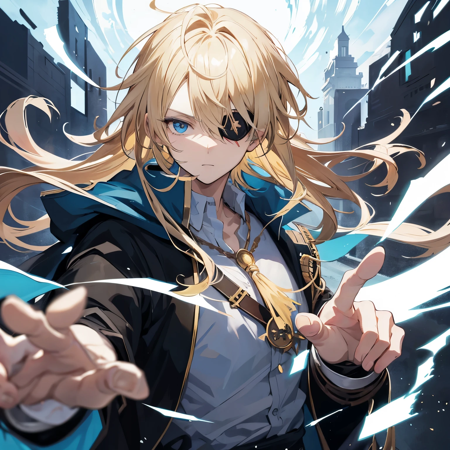 Anime style man with messy blond hair and blue eyes, he has a black eyepatch over his right eye and he is a wizard who uses magic with his hands.