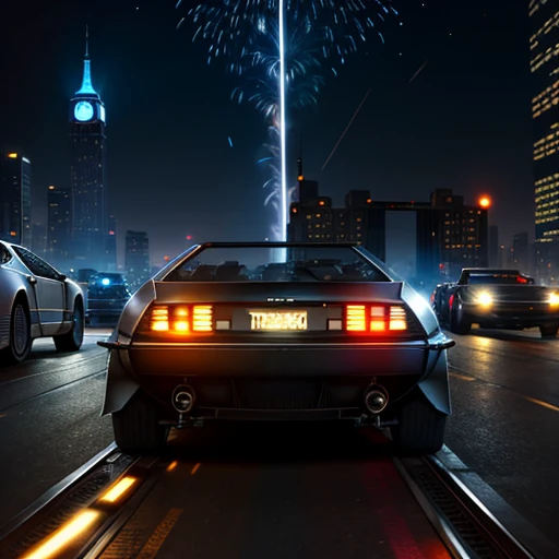 The Delorean races towards the looming clock tower in the dim night, the tracks of its wheels leaving fiery trails behind. As it quickly moves from the front to the back, what is visible is the back of the sleek vehicle, its metallic surface gleaming under the cover of darkness, just like in the classic movie "Back to the Future."