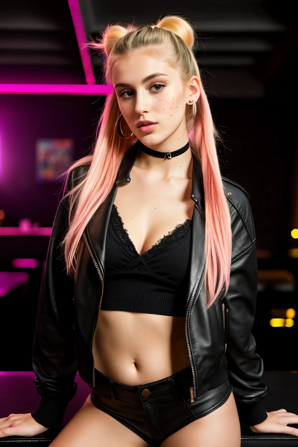 photo of (emikin:0.99), full body of Marzia Synthwave, Charlotte Free, 1/2 italian 1/2 polish woman as a sexy TikTok influencer, tall, slim, thin, fit, long legs, pale skin, defined cheecks, diamond shaped face, freckles, pink hair, twintails, piggy tails, indoors , modelstyle photoshoot, full body pose , neon bokeh background , wearing leather jacket, leather jacket , small , cleavage, sexy , seductive , tempting, (extremely detailed CG unity 8k wallpaper), photo of the most beautiful artwork in the world, professional majestic (photography by Mario Testino), 8k uhd, dslr, film grain, Fujifilm XT3 sharp focus, f 5.6, High Detail, Sharp focus, dramatic, (looking at viewer:1.2), (detailed pupils:1.3), (natural light), (seductive) , (masterpiece:1.3), (8k, photorealistic, RAW photo, best quality: 1.4), (1girl), beautiful face, (realistic face), beautiful hairstyle, realistic eyes, beautiful detailed eyes, (realistic skin), beautiful skin, (black sweater), absurdres, attractive, ultra high res, ultra realistic, highly detailed, golden ratio, in a night club, playing the dj consolle, making music