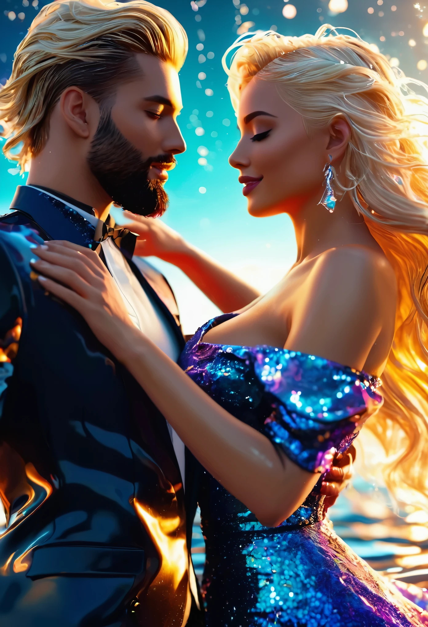 (best quality,8k,realistic),abstract, fantasy, sci-fi, space, people dancing on the sea surface,man and woman, detailed water reflections, vibrant colors, dynamic poses, flowing dresses, joyful atmosphere, crisp details, bokeh, sparkles, water splashes, immersive background of space. Imvu style. ((Blonde man with a beard)), (high detail face), (perfect face), tattoos, best quality