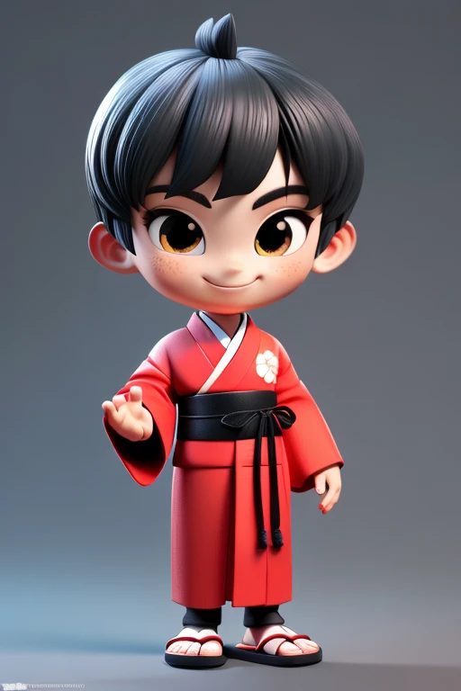 3D character, elementary school boy, 10 years old, (black Japanese kimono, plain kimono, all black), (full body esbian:1.2), best quality, highest resolution, (no background), barefoot, (raising both hands and making a peace sign), smiling.
