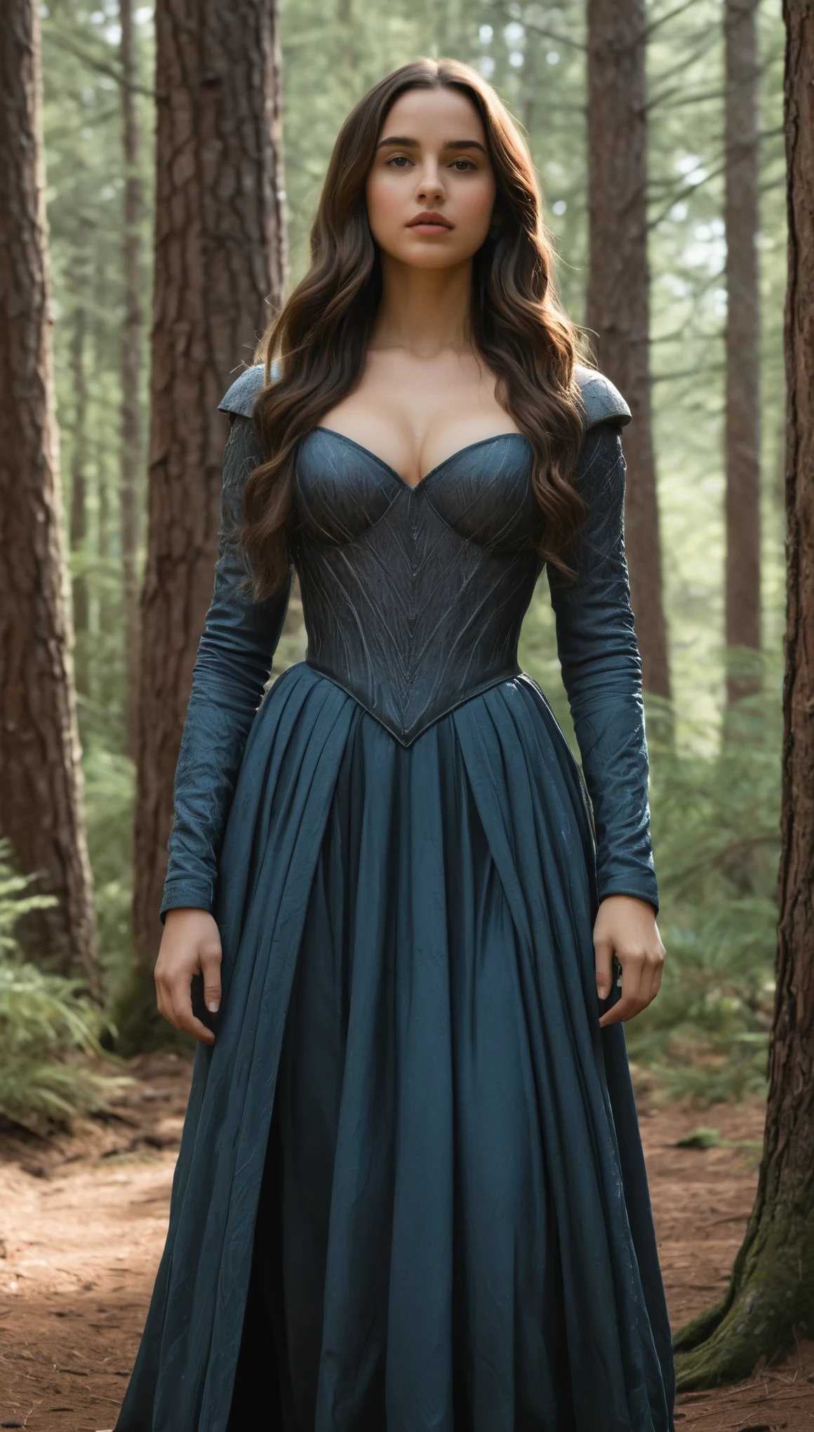 An illustrated movie poster, hand-drawn, full color, a Westerosi  girl, wearing a long regal dress, resembles a young Ana De Armas, sun-tanned complexion, tall, athletic, Amazonian figure, curvy, toned midriff, bottom-heavy, generous hips, massive bubble-butt, ridiculously thick powerful thighs, dark hair, long hair, waist-length hair, posing in a pine forest, hard shadows, graphite shading, stencil marks, airbrushed acrylic paint, masterpiece, in the style of Game of Thrones 