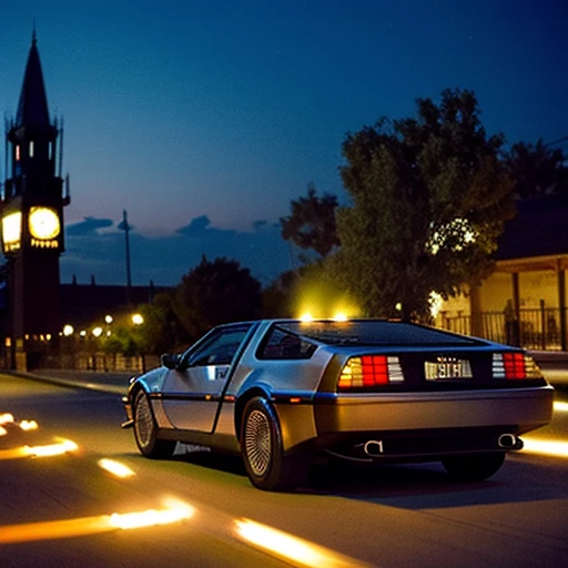 The Delorean speeds towards the clock tower.　The tracks of the wheels are flames　time is night　Run from the front to the back　What you see is the back of the DeLorean　Just like the movie Back to the Future