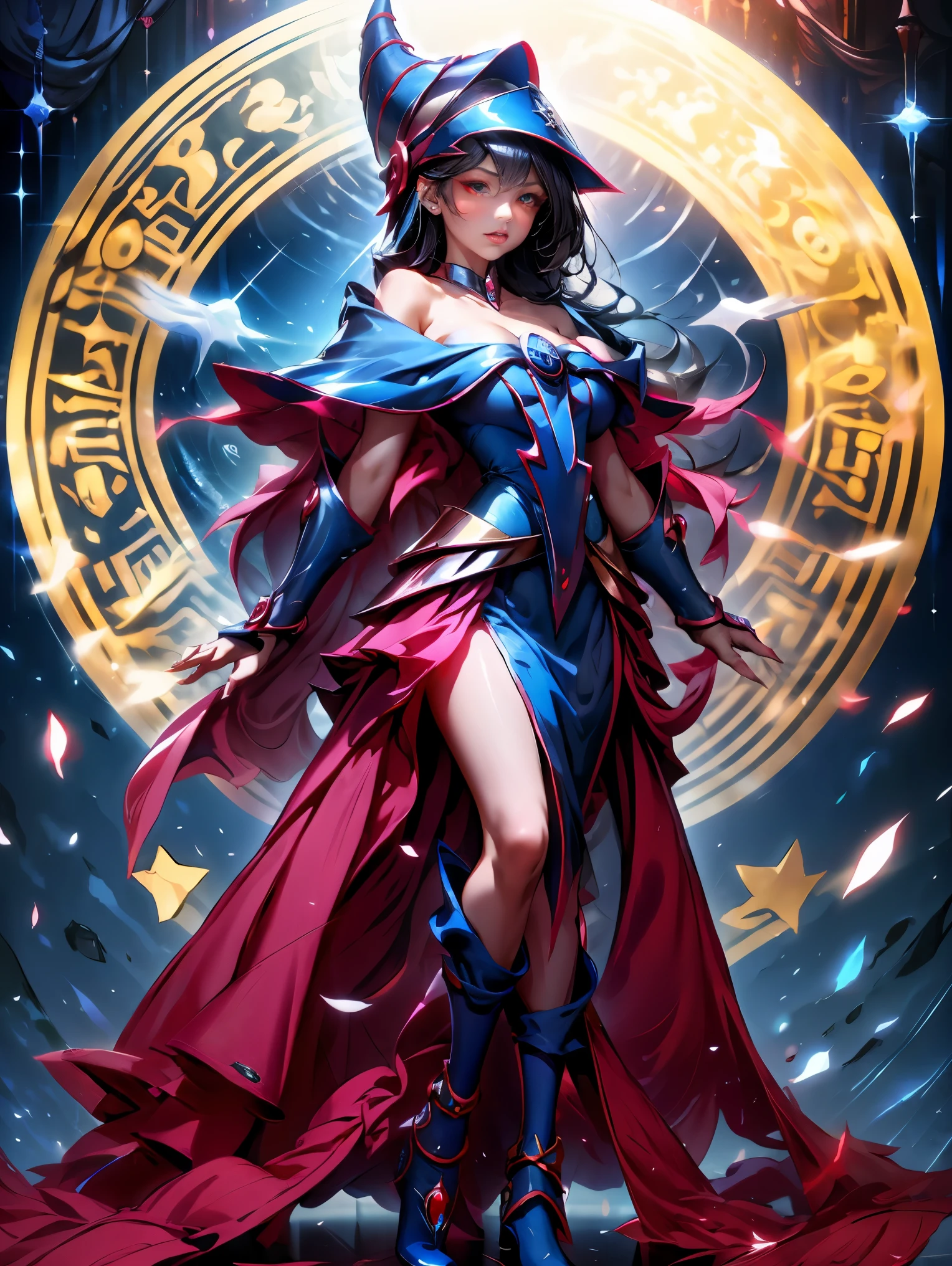 Dark magician gils con vestido de gala color Negro. Ella usa tacones rojos, tiene aretes. Usa collares.  Cabello rubio y largo. Ojos azules. Labios rojos. Pose sensual y sujestiva. Fondo de Castillo 