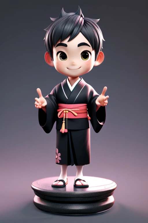 3D character, elementary school boy, 10 years old, (((black Japanese kimono, plain kimono, all black))), (full body esbian:1.2), best quality, highest resolution, (((no background))), barefoot, (raising both hands and making a peace sign), smiling.