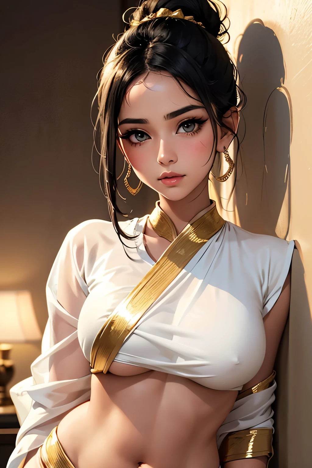 Sexy woman, black hair tied in a bun, smokey eyes, eyeliner, blushing intensely, fairest skin, plump face, soft lips, gold blouse, white saree with gold borders, pinned against a wall