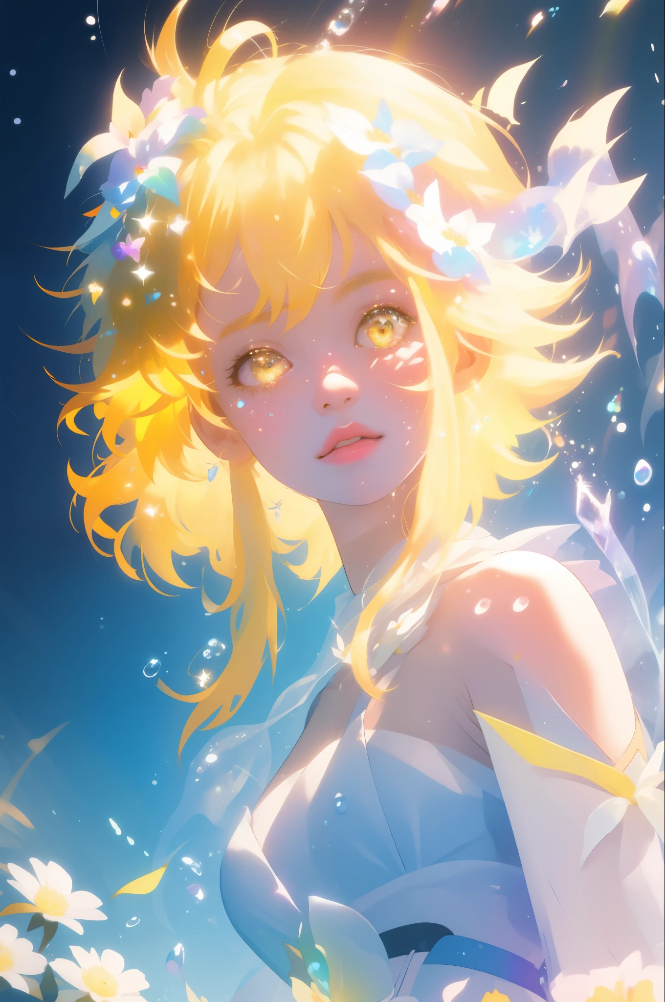 The perfect masterpiece,Highest quality,Perfect artwork,8K,
Upper Body Lens,,Delicate face,Face Close-up,Watching the audience,
Mermaid Girl,Magical transparent eyes,blond hair, iridescent water background,
Digital Art, white flower hair accessory. sparkly yellow eyes, bare shoulders, white dress with blue details, sparkling light, shining, glowing, water droplets, rainbow rays of light