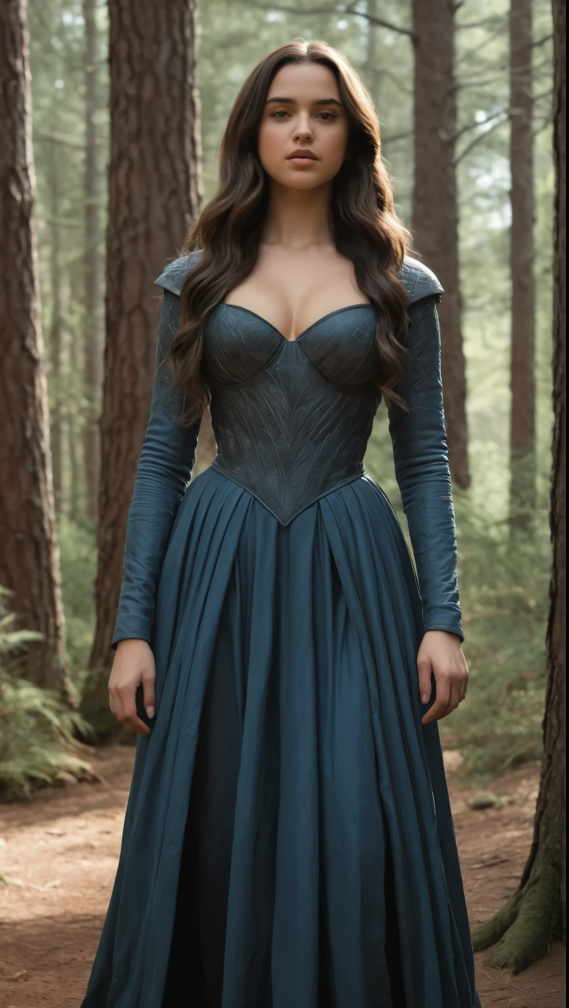 An illustrated movie poster, hand-drawn, full color, a Westerosi  girl, wearing a long regal dress, resembles a young Ana De Armas, sun-tanned complexion, tall, athletic, Amazonian figure, curvy, toned midriff, bottom-heavy, generous hips, massive bubble-butt, ridiculously thick powerful thighs, dark hair, long hair, waist-length hair, posing in a pine forest, hard shadows, graphite shading, stencil marks, airbrushed acrylic paint, masterpiece, in the style of Game of Thrones 