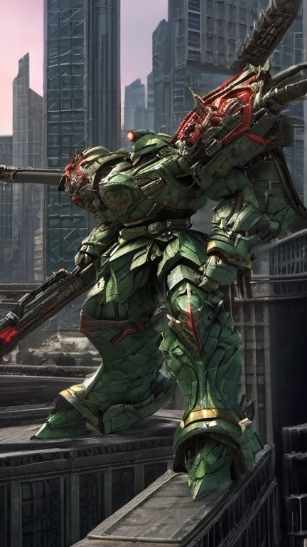 (SRS:0.8),best quality, masterpiece, Super detailed, Mecha Robot,  (City:2.5), (Super detailed mecha armor), Full armor, (Very large mecha:1.5),glowing eyes, (whole body:1.2), (Mechanical Parts:1), (joint:1), (Military Parts:1.1), (Hero Section:1.5), cable, (be ready for battle:1.2),(strong gesture:1.3),(Detailed eye description:1.2),(huge mechanical weapon:1.2), (Detailed weapon description:1.2), (Holding weapons and weapons :1.5)