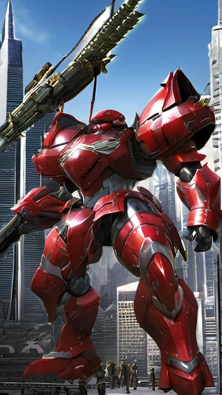 (SRS:0.8),best quality, masterpiece, Super detailed, Mecha Robot, (City:2.5), (Super detailed mecha armor), Full armor, (Very large mecha:1.5),glowing eyes, (whole body:1.2), (Mechanical Parts:1), (joint:1), (Military Parts:1.1), (Hero Section:1.5), cable, (be ready for battle:1.2),(strong gesture:1.3),(Detailed eye description:1.2),(huge mechanical weapon:1.2), (Detailed weapon description:1.2), (Holding weapons and weapons :1.5)