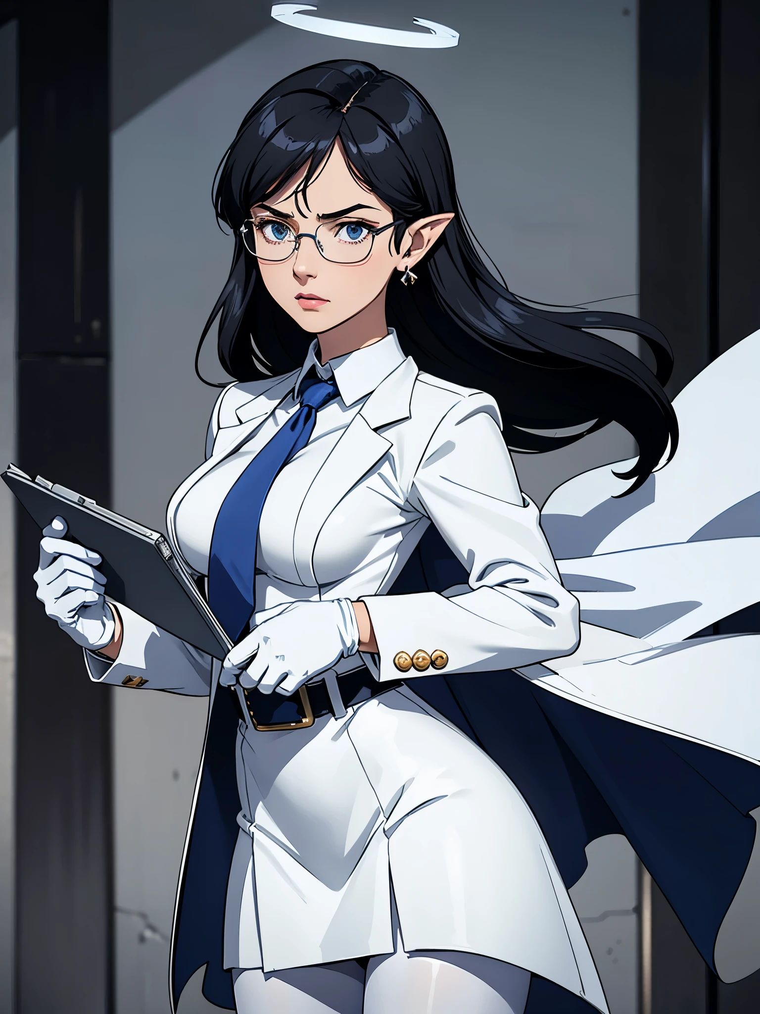 1girl,anger vein,belt,black hair,blue eyes,blue necktie,breasts,clipboard,dress,earrings,glasses,gloves,halo,jacket,jewelry,large breasts,looking down,necktie,open clothes,open jacket,pantyhose,pointy ears,solo,white belt,white dress,white gloves,white jacket