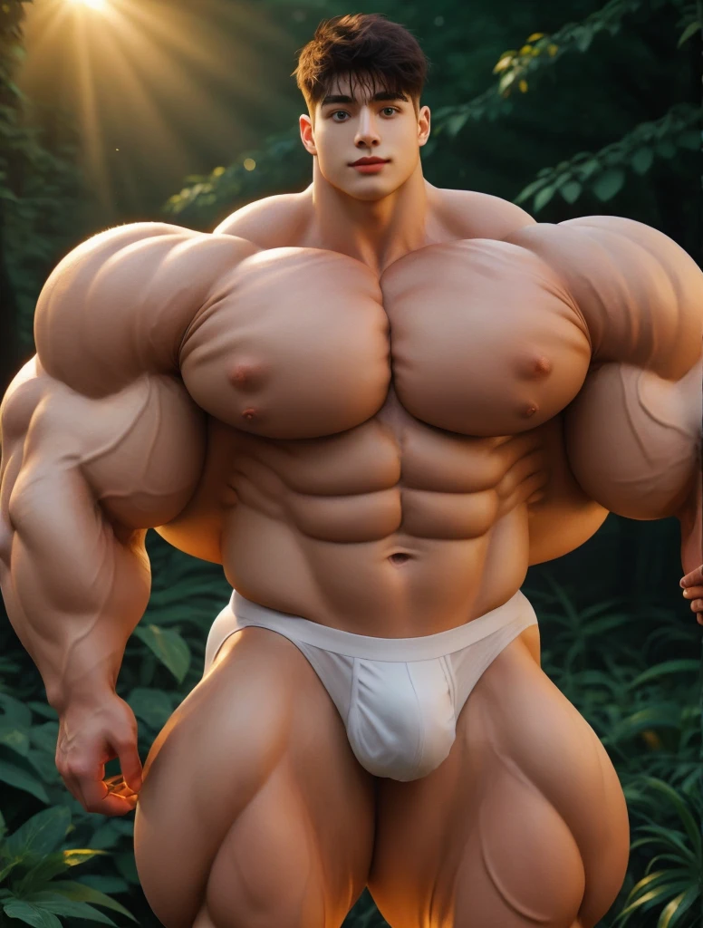 1boy, giant, model shoot style, looking at viewer, standing, illuminating light, golden hour, outdoor, strong body, bulk, large size, standing, in the forest, white triangular underwear, prominent bulge, brutalmass