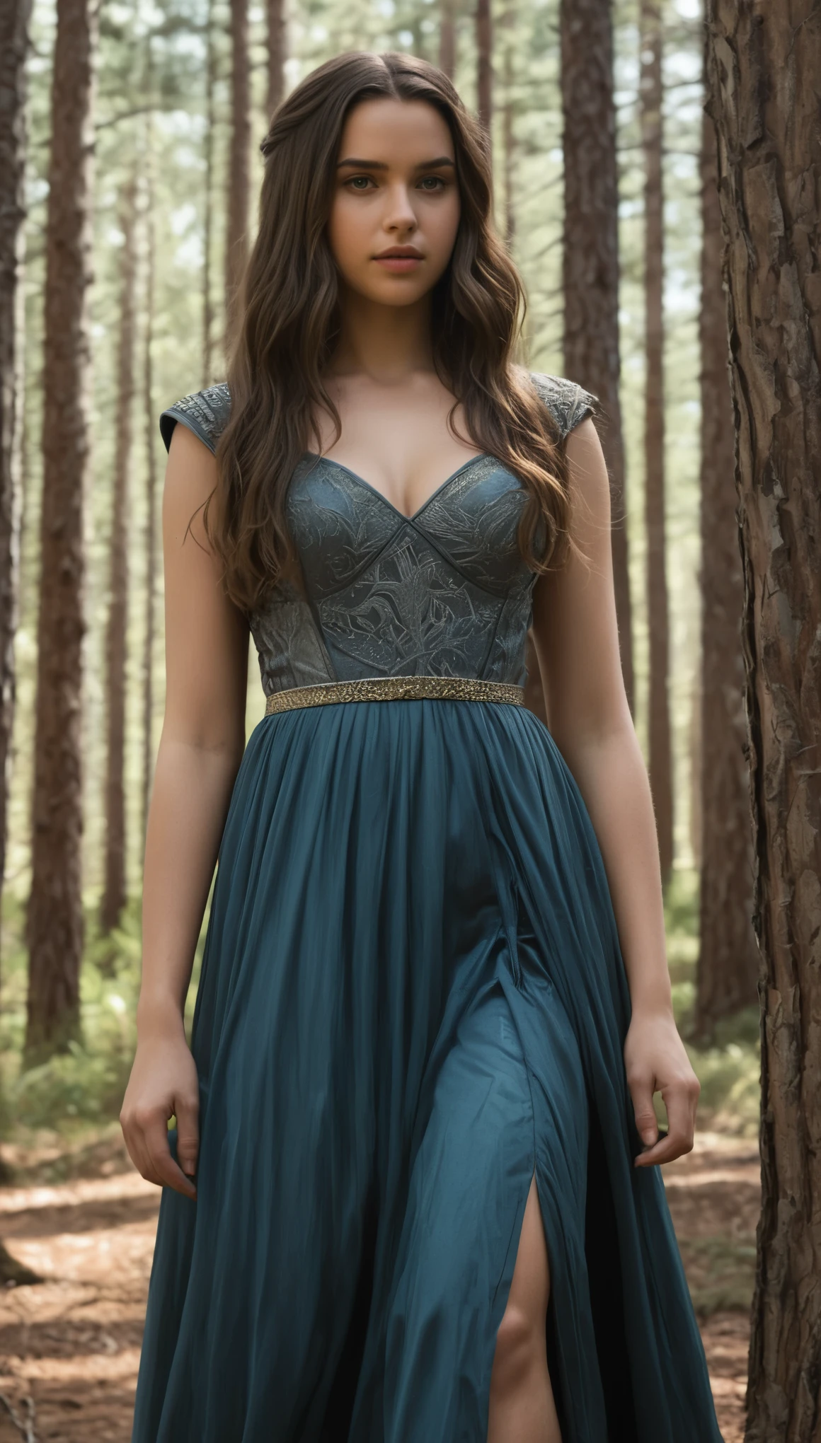 An illustrated movie poster, hand-drawn, full color, a Westerosi teen girl, wearing a long regal dress, resembles a young Ana De Armas, sun-tanned complexion, tall, athletic, Amazonian figure, curvy, toned midriff, bottom-heavy, generous hips, massive bubble-butt, ridiculously thick powerful thighs, dark hair, long hair, waist-length hair, posing in a pine forest, hard shadows, graphite shading, stencil marks, airbrushed acrylic paint, masterpiece, in the style of Game of Thrones