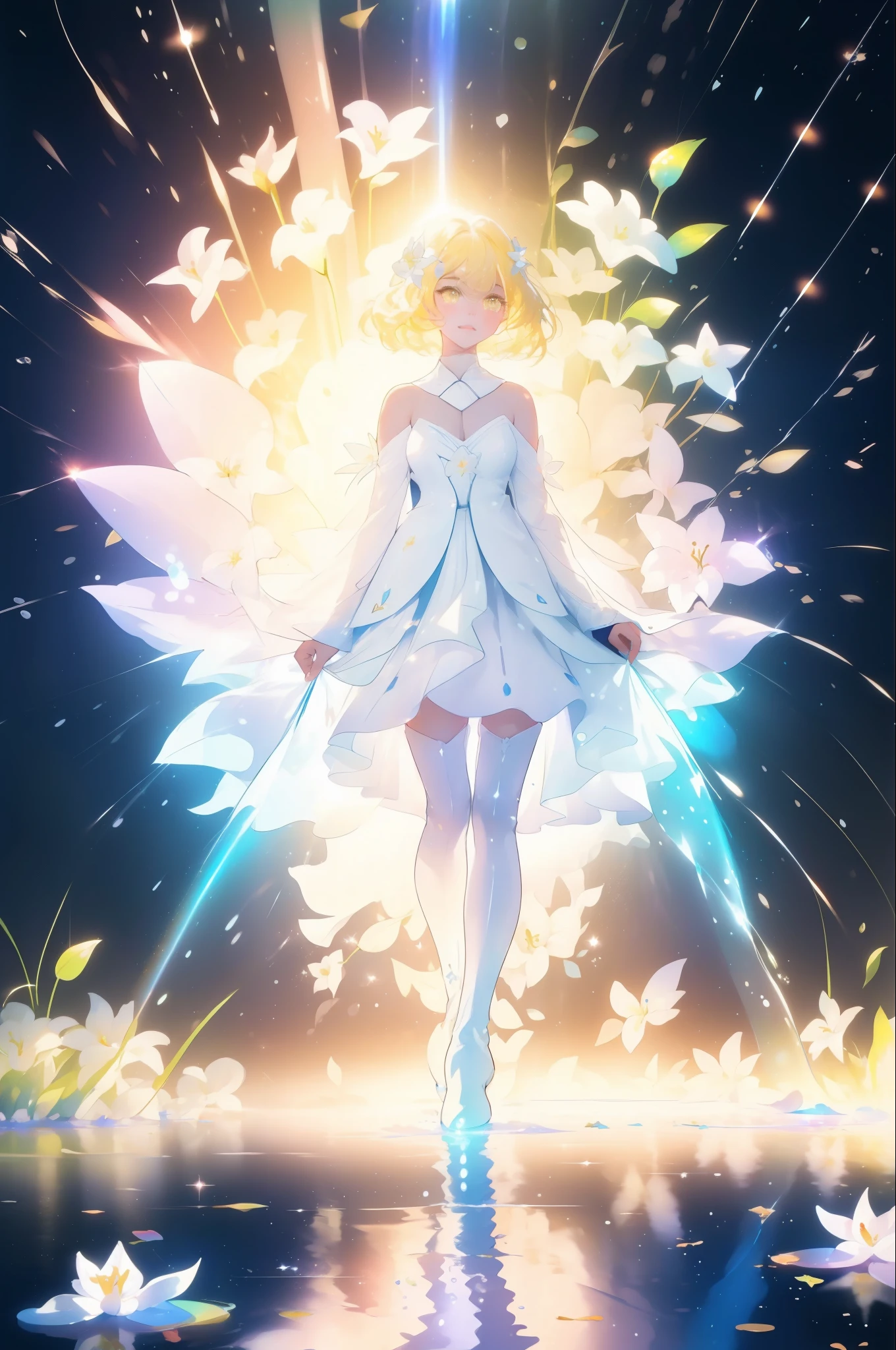 The perfect masterpiece,Highest quality,Perfect artwork,8K,
fullbody, Delicate face,Magical transparent eyes, blond hair, iridescent water background,
Digital Art, white flower hair accessory. sparkly yellow eyes, bare shoulders, white dress with blue details, long white boots, sparkling light, shining, glowing, water droplets, rainbow rays of light, walking slowly on a shallow water with white lilies, sparkling water