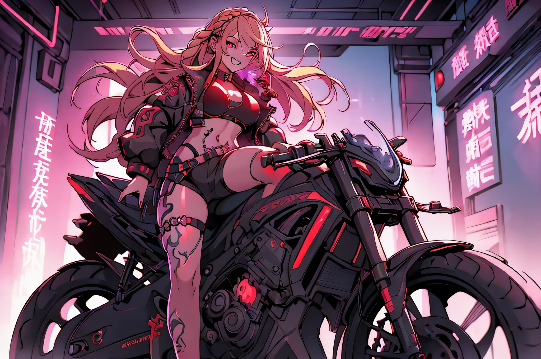 1girl, rebecca \(cyberpunk\), full body, solo, blonde braid hair, glowing red eyes,laugh fearlessly, leg tattoo, neck tattoo,  large chest, black bra, thong, red pupils, skin fang, red eyes, black jacket, Straddling a motorcycle、dynamic angle、dynamic pose、