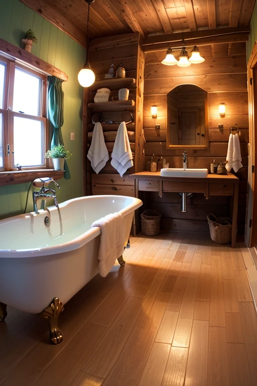 Log Cabin, Liminal space, dream core, nostalgia core, bathroom, pale chartreuse walls, Hazelwood furniture, hexagonal mirror, star shaped lights, incandescent lighting
