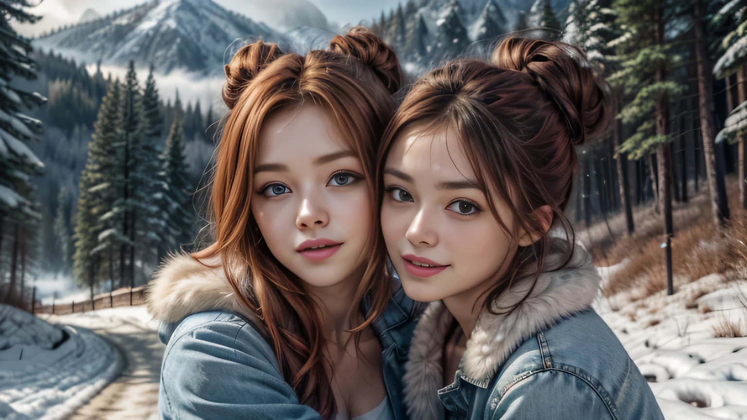 Best quality, masterpiece, Beautiful, 2 young redhead women, looking straight at viewer, hands on shoulders, hugging, wearing simple shirt and jeans, open blue fur jacket on top, posing on mountain road, professionalism, age, detailed face, detailed body, symmetric face, happy laughing faces, big cute eyes, cute faces, dynamic pose, deep cleavage, perfect anatomy, photorealistic, curvy body, tight bun hair, 8k, ultra realistic, widescreen desktop wallpaper, foggy winter, mountain forest path background, natural light, shadow, snowy, ambient occlusion