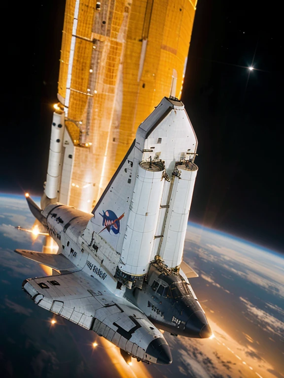 NASA space shuttle traveling at the speed of light with vibrant, sharp colors., detalles de imagen claros y vista lateral