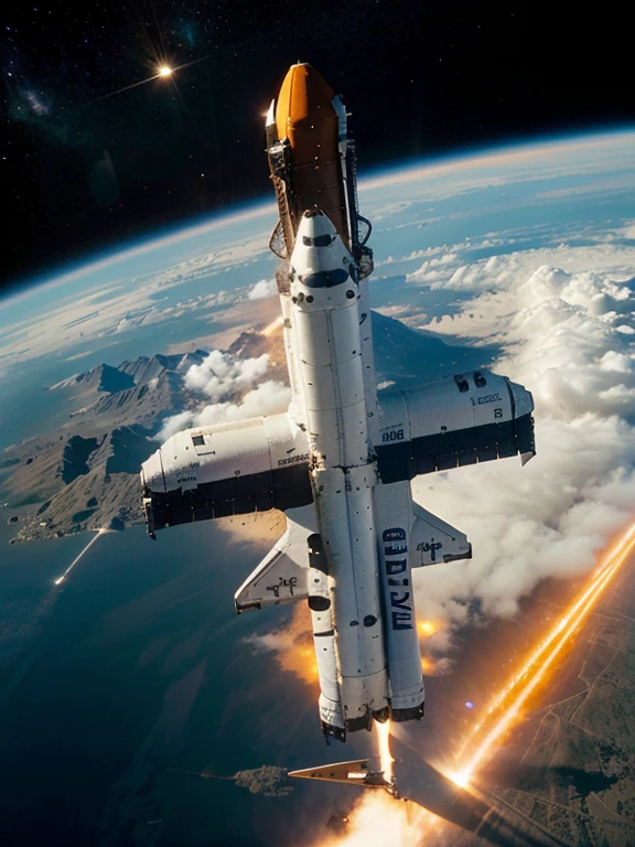 NASA space shuttle traveling at the speed of light with vibrant, sharp colors., detalles de imagen claros y vista lateral