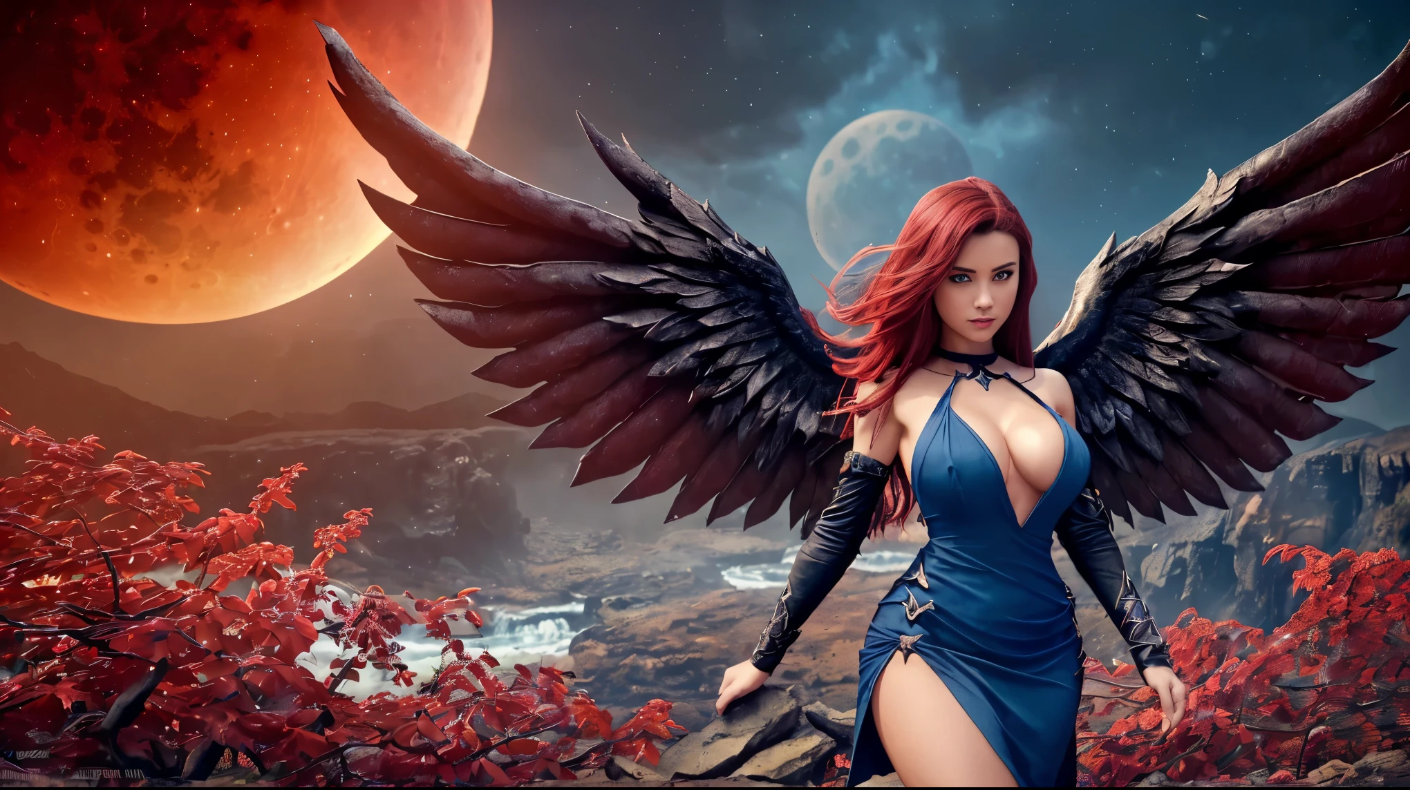 (Highly realistic image), Fantasy scene, Centerpiece, masterpiece, Ultra detailed, High quality, 4k, complex, expert, Center, (volumetric lighting), beautiful, dark masterpiece, (ultra detailed landscape), (sharp landscape), (sharp image), (dark scene), (dark atmosphere). Ultra-detailed Eurasian girl, 21 years old, angel, Fallen angel, Black angel, (2 majestic wings:1.5), (2 folded big wings:1.5), Black feather, (blue eyes:1.3), (long straight blond hair:1.3), (beautiful Big breasts), showing great cleavage, darkness, (charming smile:1.3), (2 black horns:1.3), Evil creature, fire, (red blood moon:1.5), (blue fire, blue flames in the land:1.5), (red lightning in the sky:1.5), (thunderstorm), (waterfalls:1.5), (skull:1.3), Black thorn hair ornament, (red dress:1.5), (short slit bodycon red dress:1.5), (Black Crown Her demon wings on her back and demon horn give her an invincible aura), (standing in waterfalls in the destroyed land). (Naked body). (View viewer), (high angle), (cowboy shot), (upper half of the body:1.3), (sensual dynamic pose:1.3), (perfect slim body), (perfect anatomy), (perfect hand), Nice legs and hot body, more detail, realistic, Masterpiece