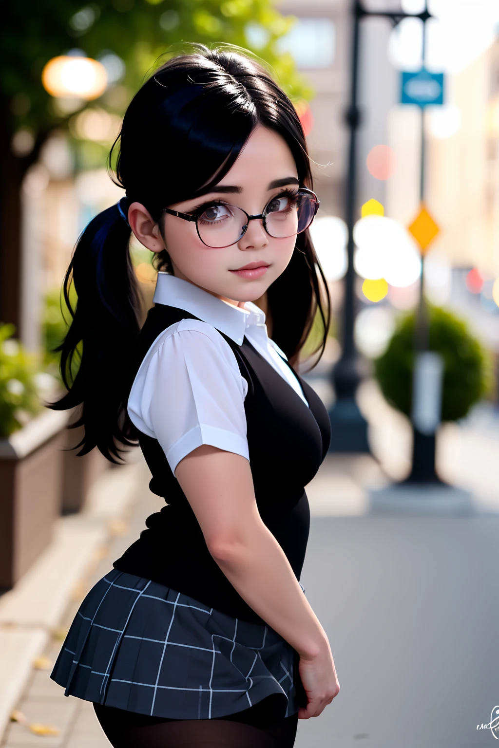 masterpiece, high quality, realistic, detailed, Tootie(FOP), black hair, long hair, twintails, glasses, catholic , white collared shirt, short sleeves, cleavage, grey plaid mini skirt, cowboy shot, looking at viewer, bokeh, blurry, perfect lighting, black sleeveless vest, black pantyhose