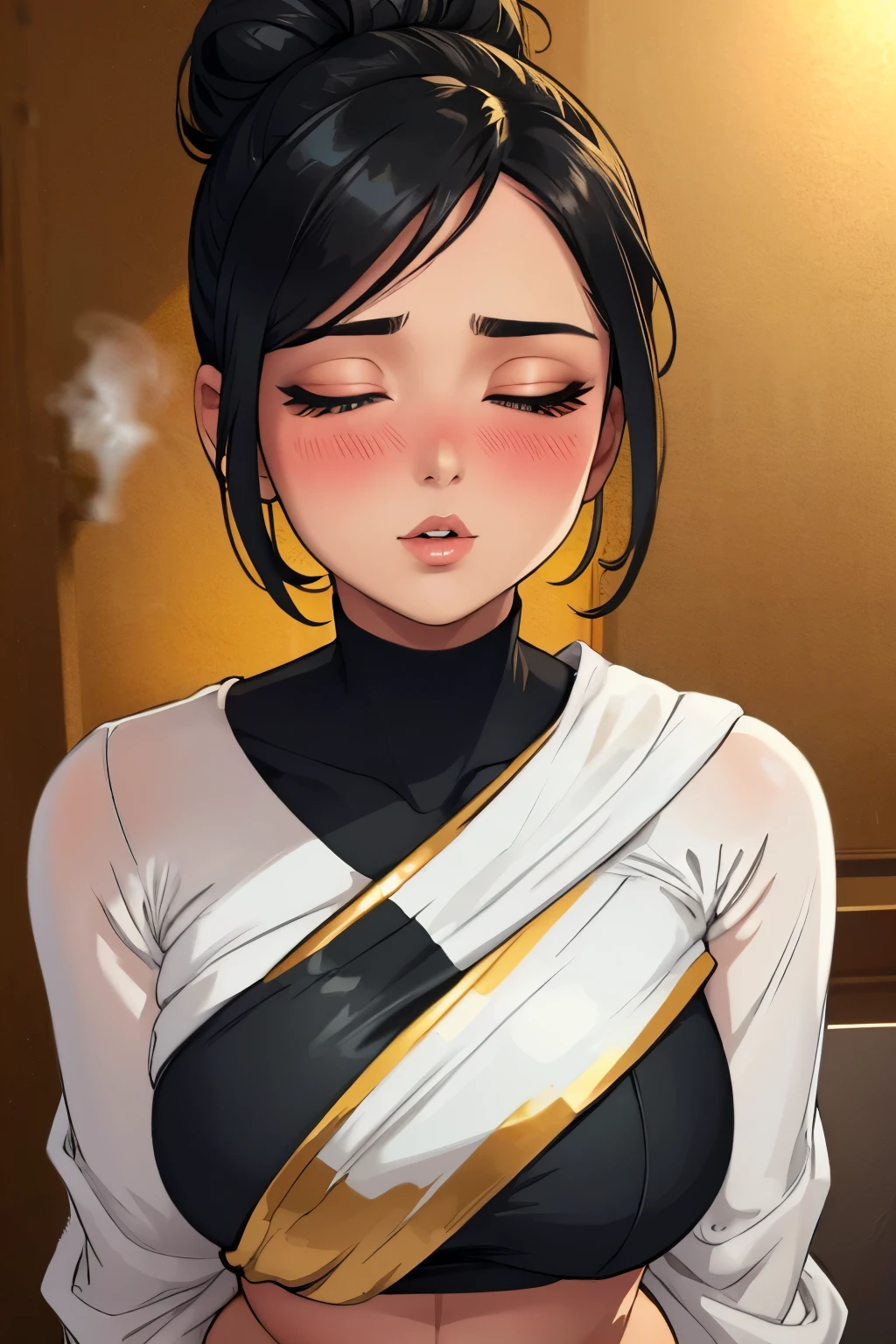 Sexy woman, black hair tied in a bun, smokey eyes, eyeliner, blushing intensely, fairest skin, plump face, soft lips, gold blouse, white saree with gold borders, pinned against a wall