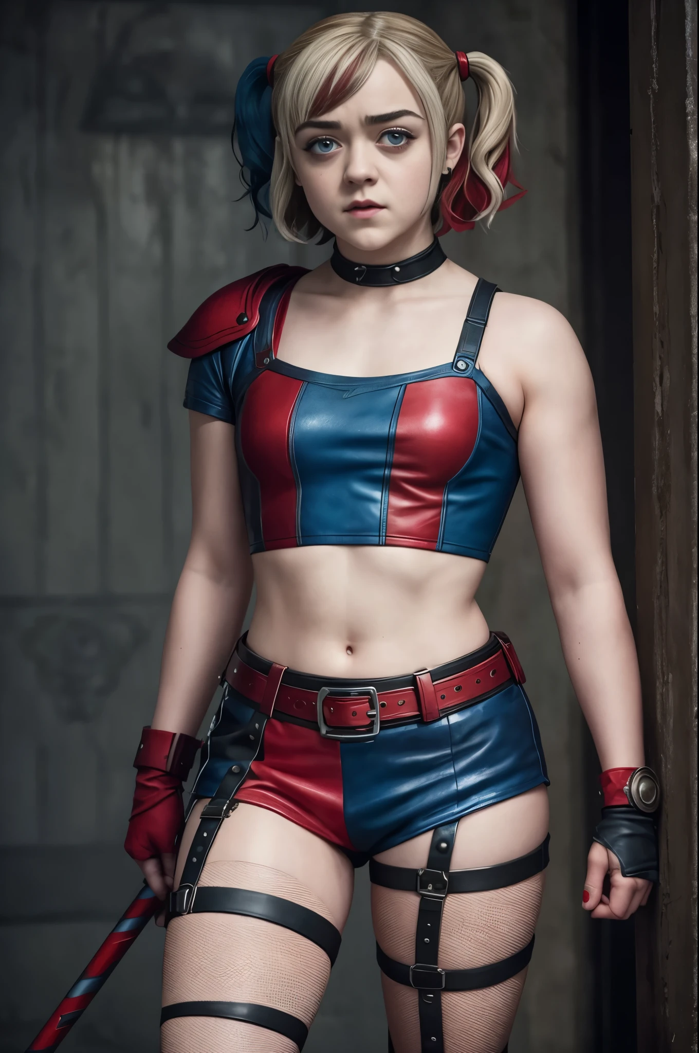 maisie williams, dressed as Harley Quinn,