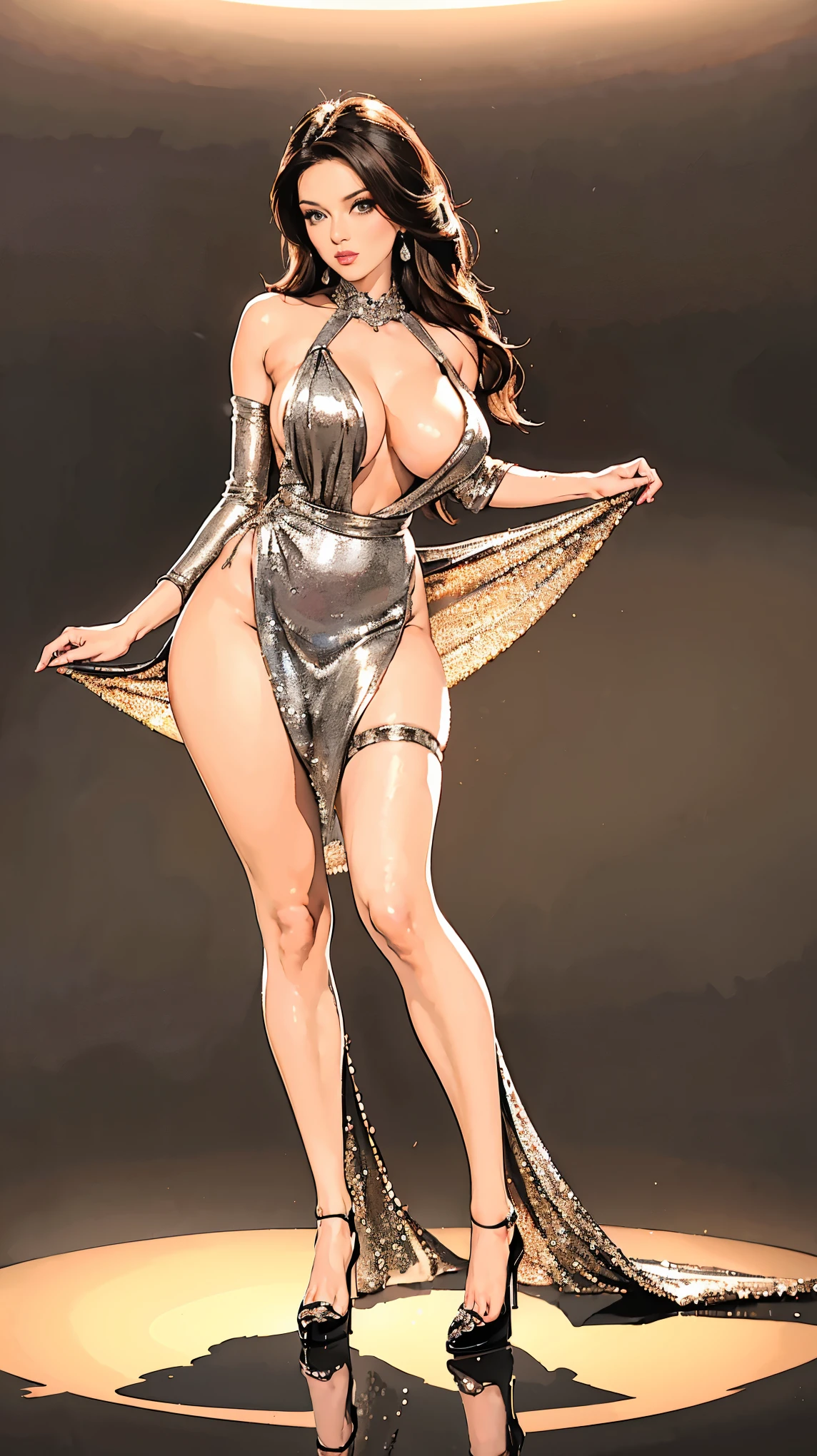 ((best quality,4k,highres,masterpiece:1.2)),((character concept art)), 1 female, Spanish, age 29, (((tan skin color, dark brunette hair))), and the body of a seductive flamenco dancer (busty, slim fit curvaceous body). She is ((wearing a sparkling silver flamenco-inspired dress with a fitted bodice, plunging neckline, cinched waist, and a voluminous skirt)). The dress is made from luxurious satin, embroidered with delicate lace, adorned with Swarovski crystals, and completed with a long, dramatic train. The back dips down to a low V, adding allure, and a high leg slit enhances the overall sensuality of the ensemble. She pairs the dress with Christian Louboutin high heels. Her gaze is intense and alluring, reflecting her captivating personality and intriguing background, (standing gracefully), (full body showcase), (show full body), (no logos on background), (no logo), ((plain background)), ((plain background)), (((empty background))).