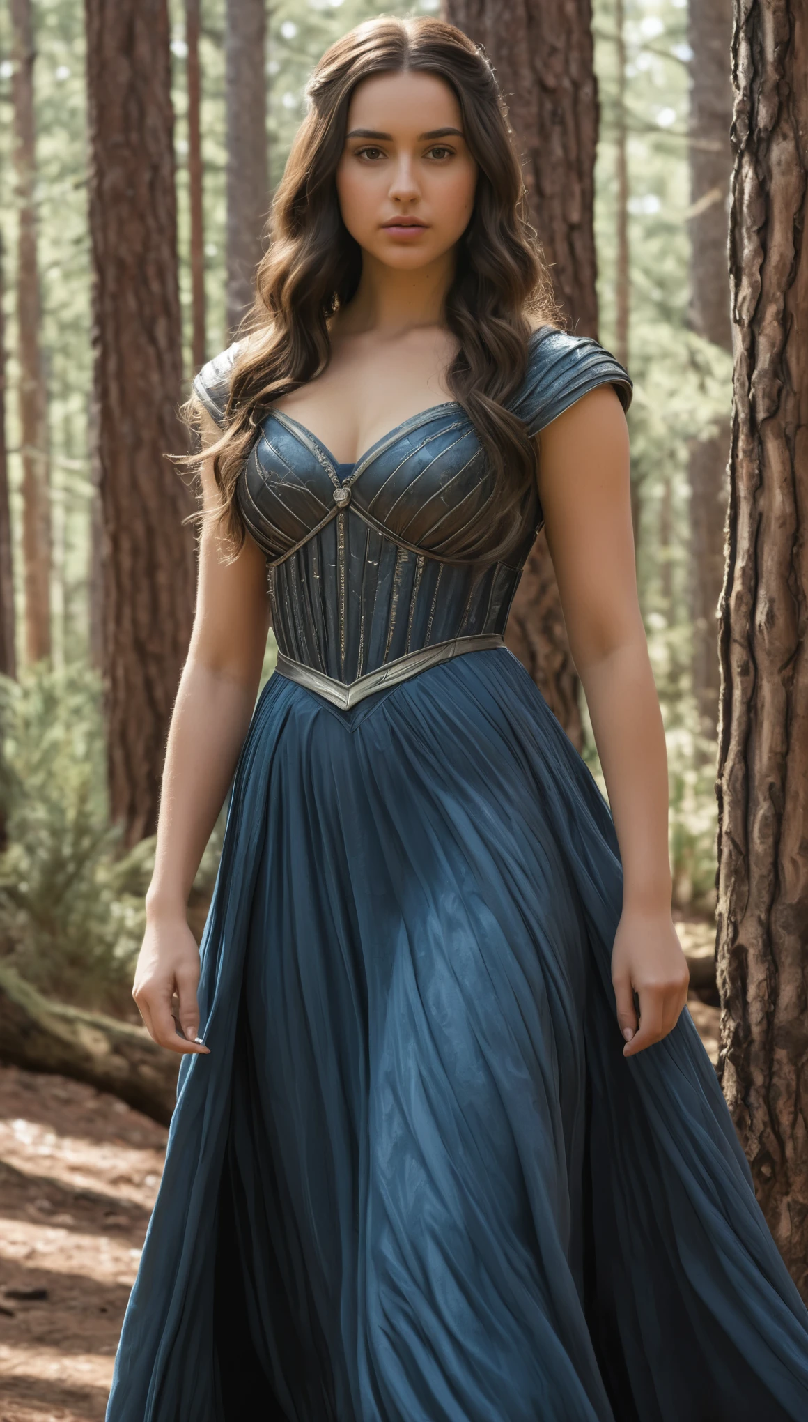 An illustrated movie poster, hand-drawn, full color, a Westerosi  girl, wearing a long regal dress, resembles a Ana De Armas, sun-tanned complexion, tall, athletic, Amazonian figure, curvy, toned midriff, bottom-heavy, generous hips, massive bubble-butt, ridiculously thick powerful thighs, dark hair, long hair, waist-length hair, posing in a pine forest, hard shadows, graphite shading, stencil marks, airbrushed acrylic paint, masterpiece, in the style of Game of Thrones 