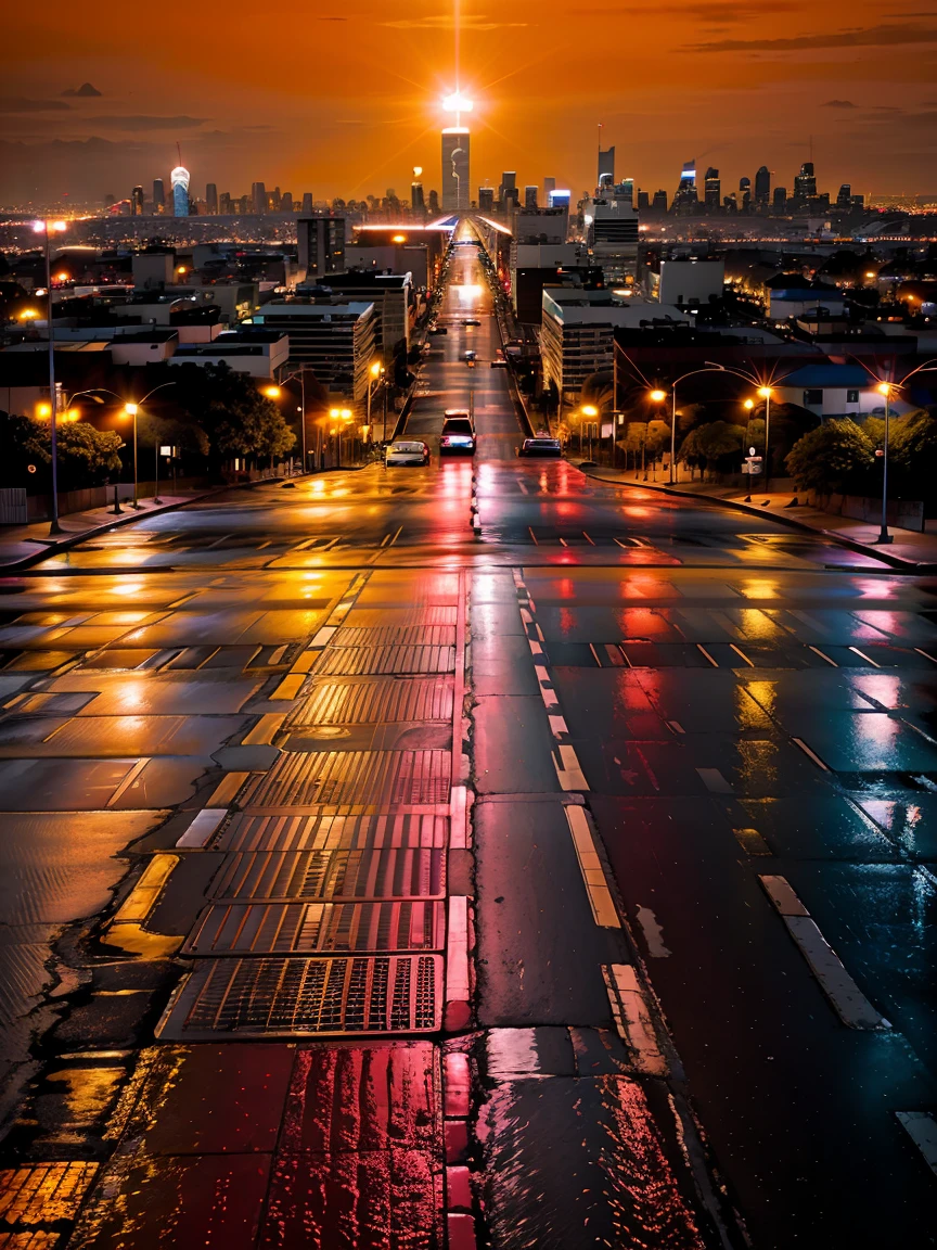 Centro de la ciudad al anochecer、intersection、bocina del auto、((Una luz roja que detiene el flujo.))、Peatones esperando impacientes、Bright city lights reflecting on wet pavement、Impresionante horizonte al fondo、airplane flying