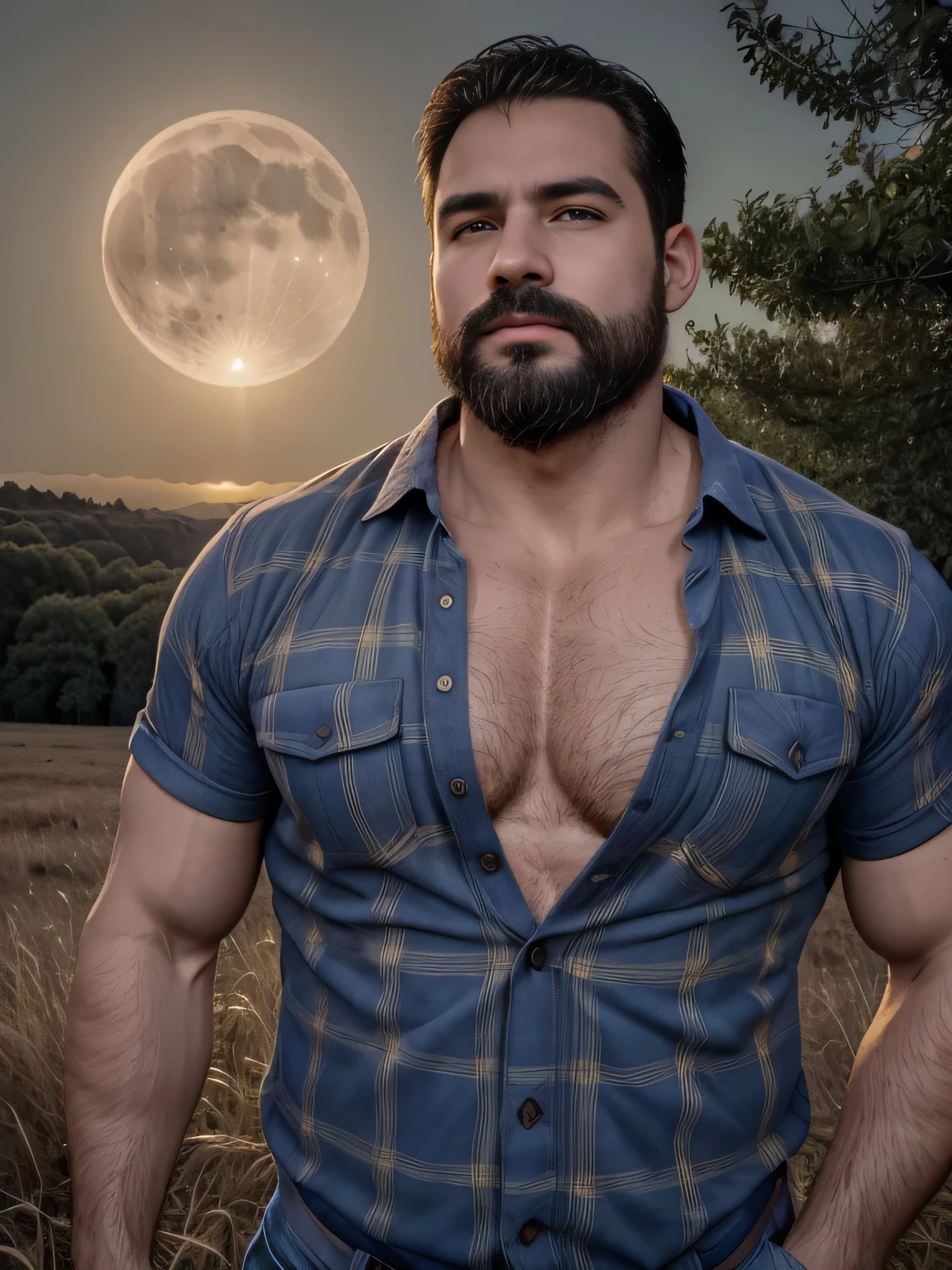 obra maestra, Mejor calidad, high resolution, Retrato de primer plano, (1 chico:1.4) A man in a lumberjack suit, muscular, (descamisado: 1.2) enfoque masculino, enfocarse solo, piel bronceada, 38-year-old man dressed as a lumberjack., muscular, fuerte, peludo, Masculino, (con camisa: 1.2), al fondo una granja, en un eclipse de sol, amazing composition, Vista frontal, HDR, volumetric lighting, (plano general, desde el frente:1.2) (GS-Macho :1.5) (magnificent landscape:1.2)