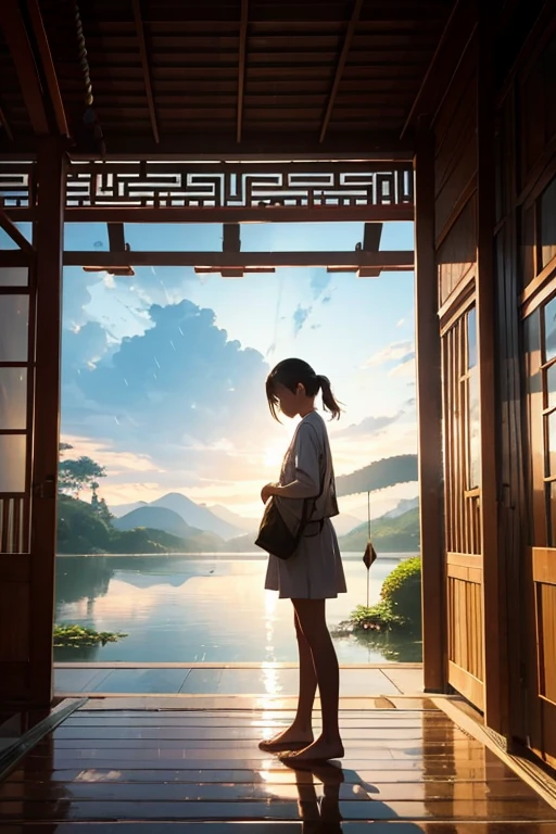 software, 1 girl, focus only, throw, very wide shot, landscape, east asian architecture, sunlight, sunrise, floating, cloud, null, rain, water, full body, outdoor, scenery, Depth of the bounds written