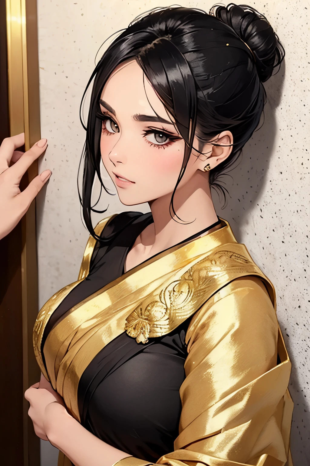 Sexy woman, black hair tied in a bun, smokey eyes, eyeliner, blushing intensely, fairest skin, plump face, soft lips, gold blouse, white saree with gold borders, pinned against a wall