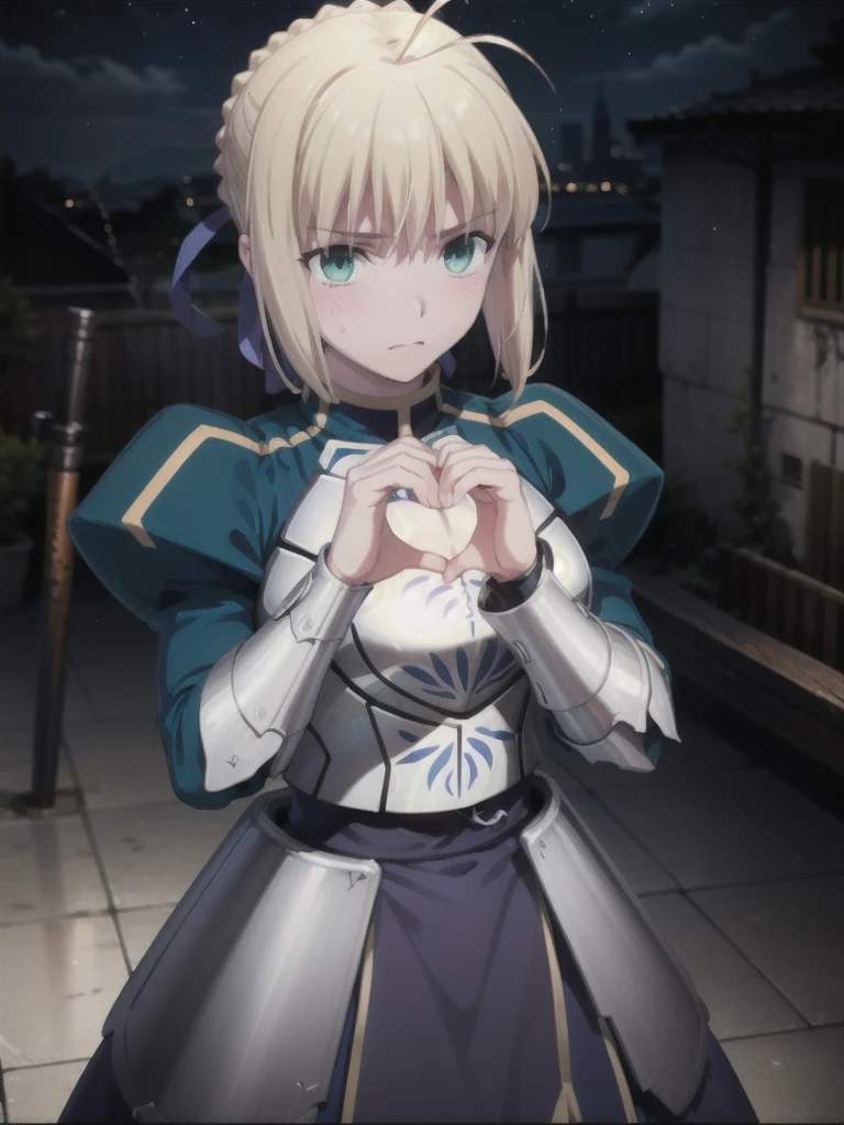 Key Visual,official art,highest quality, masterpiece,{{{Artoria Pendragon:1.6}}}, {{{make a heart with your hands:1.6}}},The background is a rooftop with a view of the city's nighttime buildings.,1 girl, alone, armor, gauntlet, breastplate, Upper body,Artoria Pendragonのマント:1.6,Artoria Pendragonの髪型:1.6,Very embarrassed expression 1.6,blush:1.6