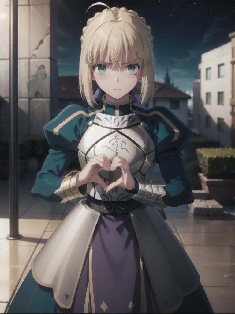Key Visual,official art,highest quality, masterpiece,{{{Artoria Pendragon:1.6}}}, {{{make a heart with your hands:1.6}}},The background is a rooftop with a view of the city's nighttime buildings.,1 girl, alone, armor, gauntlet, breastplate, Upper body,Artoria Pendragonのマント:1.6,Artoria Pendragonの髪型:1.6,Very embarrassed expression 1.6,blush:1.6