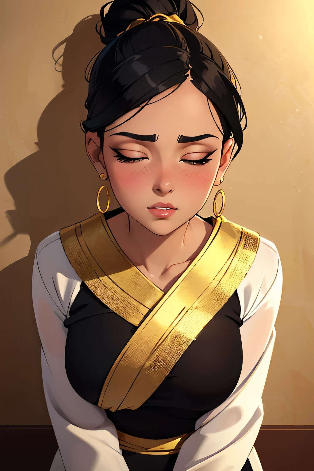 Sexy woman, black hair tied in a bun, smokey eyes, eyeliner, blushing intensely, fairest skin, plump face, soft lips, gold blouse, white saree with gold borders, pinned against a wall