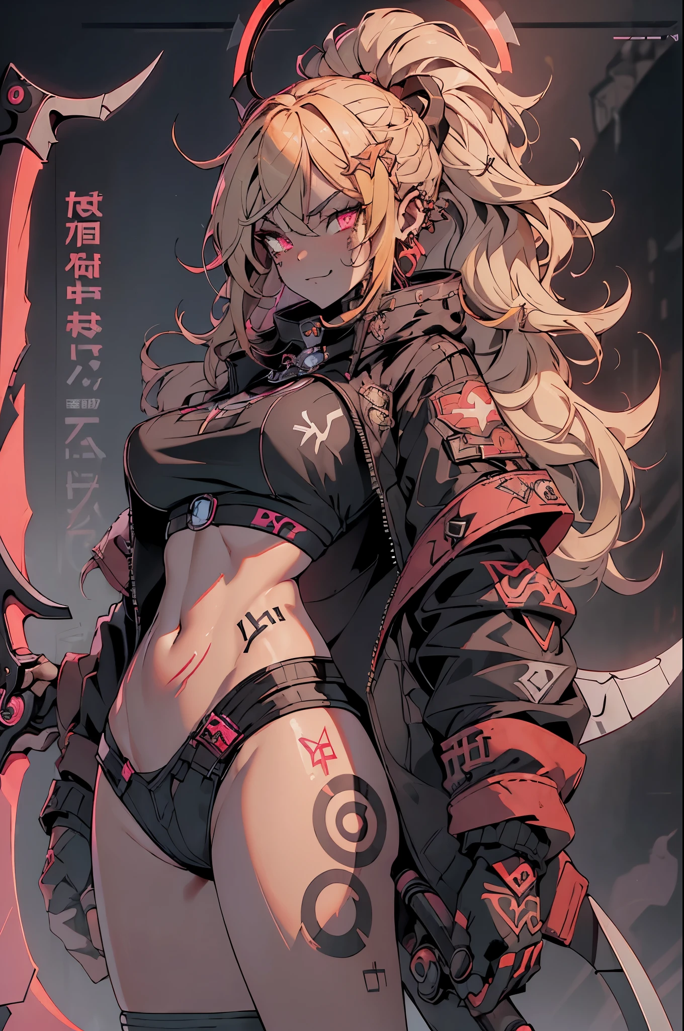 1girl, rebecca \(cyberpunk\), ((cowboy shot)),(( a huge big scythe, the size of half of the screen:1.3 )),solo, blonde braid hair, glowing red eyes,laugh fearlessly, leg tattoo, neck tattoo,  large chest, black bra, thong, red pupils, skin fang, red eyes, black jacket, 