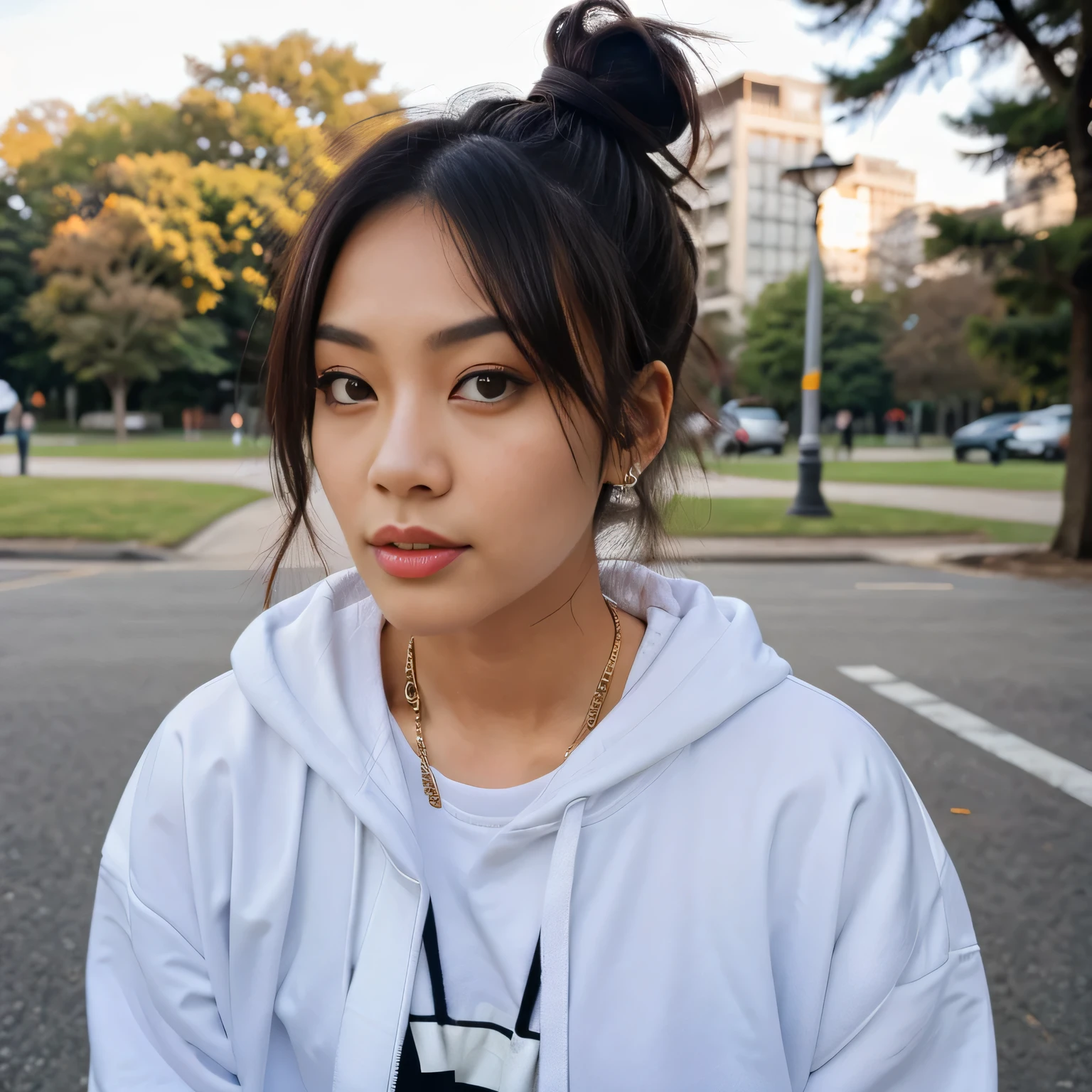 1 female asian, Messy Hair Bun, dark brown eyes, park, streetwear