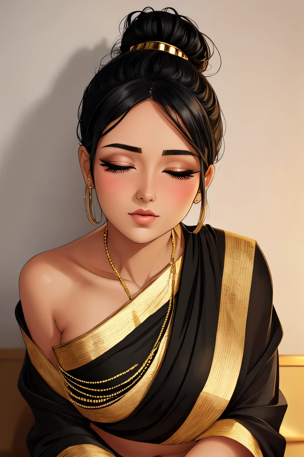 Sexy woman, black hair tied in a bun, smokey eyes, eyeliner, blushing intensely, fairest skin, plump face, soft lips, gold blouse, white saree with gold borders, pinned against a wall