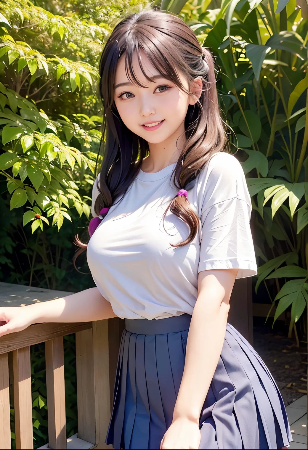 (highest quality,masterpiece:1.3,ultra high resolution),(Super detailed、caustics) (Photoreal:1.4, RAW shooting、)ultra-realistic capture、very detailed、natural skin texture、masterpiece、(The upper body is a sequined T-shirt、Lower body pleated skirt:1.3)、1 Japanese girl、adorable expression、expression of happiness、、young face、surprisingly cute、twin tails、curly hair、black hair、Scrunchie、light makeup、Big breasts that are about to burst、sexy pose、Photographed in a private garden、Shining thighs、summer sunshine、smile、inviting gaze、cowboy shot、