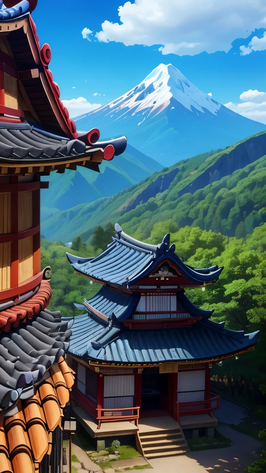 far away in the distance on a high mountain is a symmetrical samurai dojo with a intrance in the middle, very iconic roof, high res