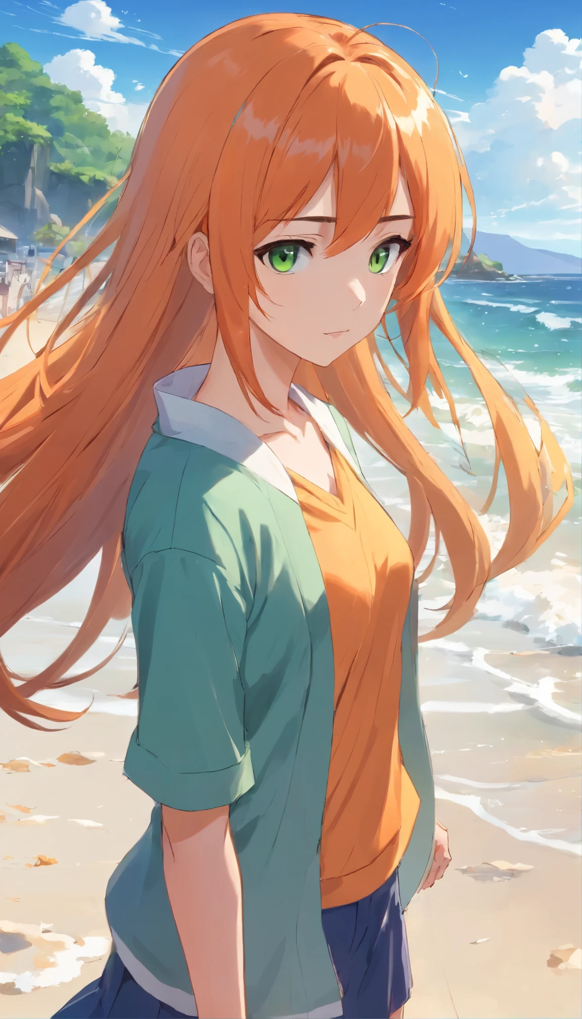 Anime girl with long orange hair, standing on the beach near the ocean, green eyes detailed digital anime art, anime girl with long hair, гладкое аниме cg art, anime girl with long hair, digital anime art, work in Guweiz style, Beautiful anime portrait, Photorealistic render of an anime girl, Beautiful anime girl, advanced digital anime art, guweiz на artstation pixiv HD UHD HQ
