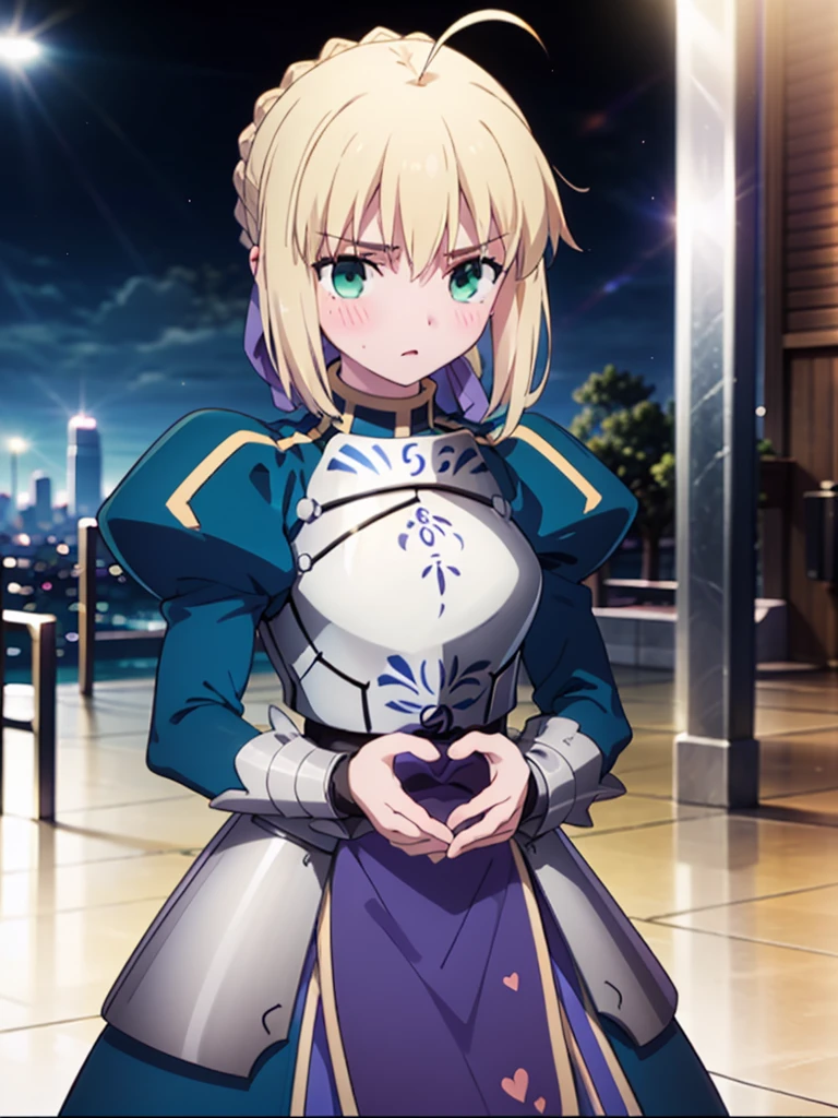 Key Visual,official art,highest quality, masterpiece,{{{Artoria Pendragon:1.6}}}, {{{make a heart with your hands:1.9}}},The background is a rooftop with a view of the city's buildings at night,1 girl, alone, armor, gauntlet, breastplate, Upper body,Artoria Pendragonのマント:1.6,Artoria Pendragonの髪型:1.6,Very embarrassed expression 1.6,blush:1.6