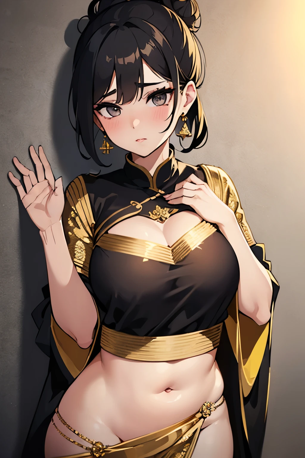 Sexy woman, black hair tied in a bun, smokey eyes, eyeliner, blushing intensely, fairest skin, plump face, soft lips, gold blouse, white saree with gold borders, pinned against a wall