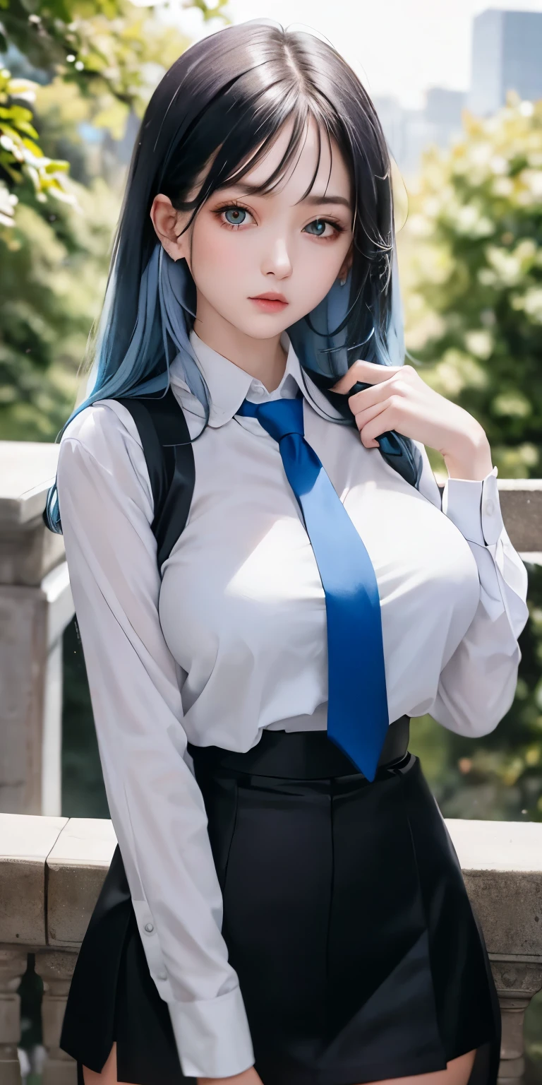 Beautiful girl blue hair huge breasts wearing glasses wearing a bare-chested white shirt wearing a blue suit wearing a short black skirt sexy post in the grass.
