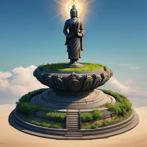 His right arm extends straight up into the boundless sky, reaching for the heavens, as if in a gesture of prayer or supplication. The left arm of the Standing Buddha statue remains steadfastly planted on the ground, forming a grounding and balanced counterpoint to the uplifted right. A halo, emanating a gentle and sacred glow, surrounds the revered figure from behind, signifying his enlightened and divine nature.
