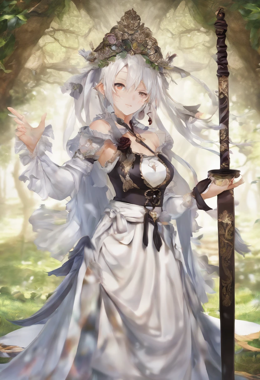 ((Mejor calidad)), ((obra maestra)), (detallado:1.4), 3d, An image of a beautiful white-haired kitsune woman in her 20s dressed in black kunoichi outfit and staff decorated with white filigree and a shiny tassel in high end HDR (High dynamic range),trazado de rayos,NVIDIA RTX,super resolution,real 5,subsurface dispersion,Texturizado PBR,Postprocesamiento,Anisotropic filtering,Profundidad de campo,maximum clarity and sharpness,Texturas multicapa,Albedo and Specular maps,Sombreado de superficie,accurate simulation of light-material interaction,proporciones perfectas,renderizado de octanaje,two tone lighting,gran apertura,ISO bajo,balance de blancos,regla de los tercios,8K CRUDO,