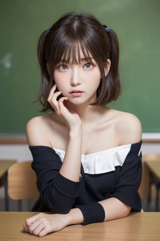 table top, highest quality, one girl, (beautiful girl:1.3), (18-year-old:1.3), very fine resolution, (symmetrical eyes:1.3), (school uniform, off shoulder:1.2), beautiful breasts, brown eyes, parted bangs, brown hair、wrinkles between the eyebrows、Angry face pouting